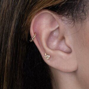 Olive branch threaded piercings (pair) - natural diamonds in 14k yellow gold